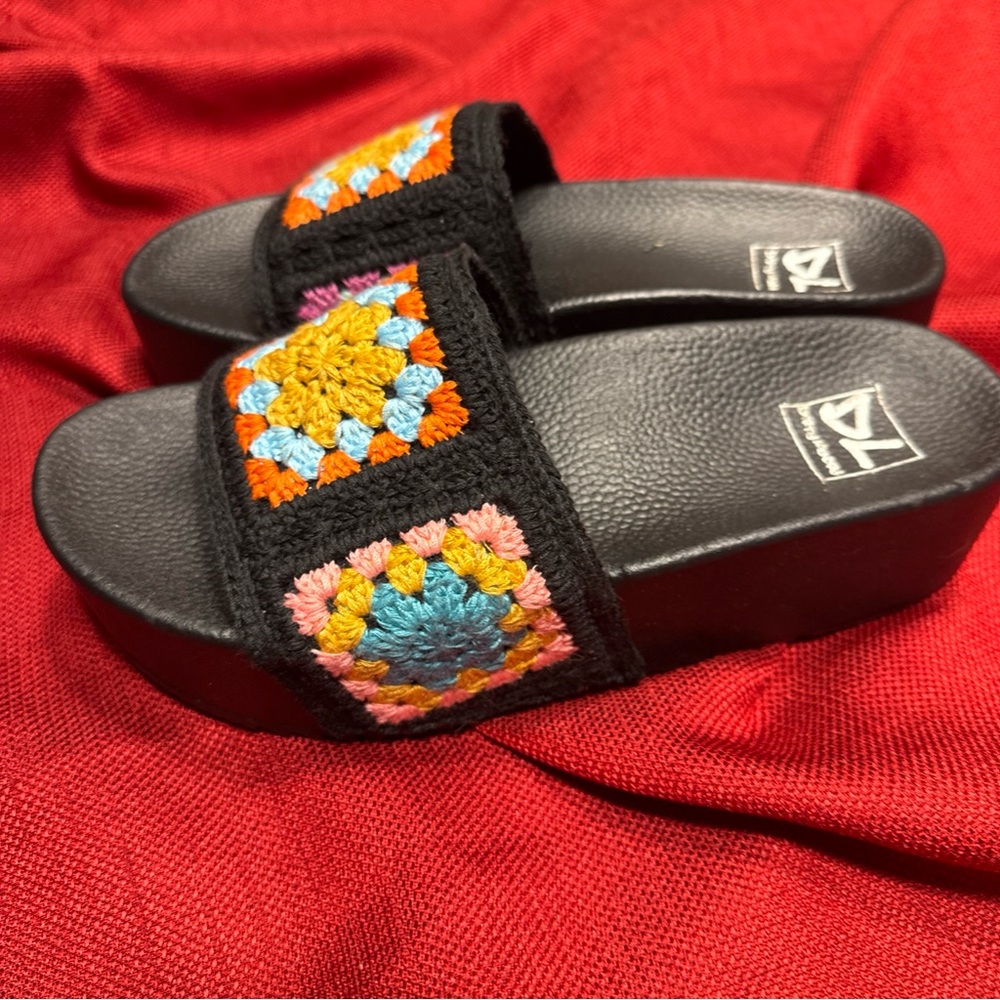 Dirty Laundry Black Sandals with Colorful Crochet Accents